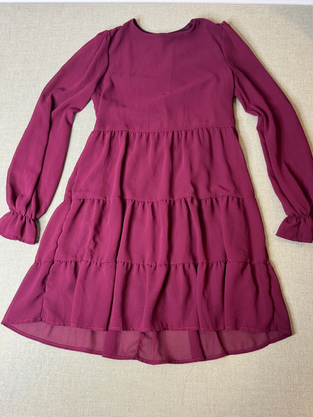 Adelyn Rae XS Burgundy Tiered Chiffon Mini Dress Long Sleeve Ruffle USA
